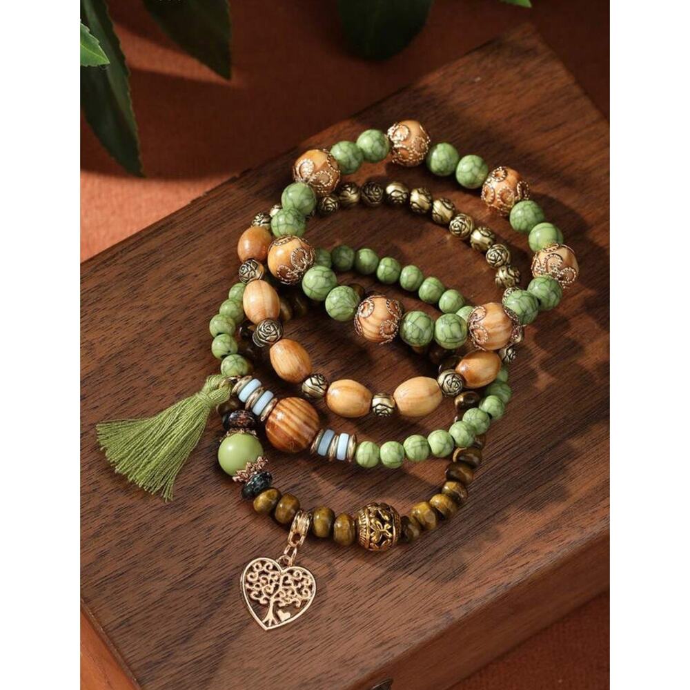 4pcs/Set Bohemian Style Heart Tree Of Life Pendant Wood Beaded Bracelets Set - Picture 3 of 3